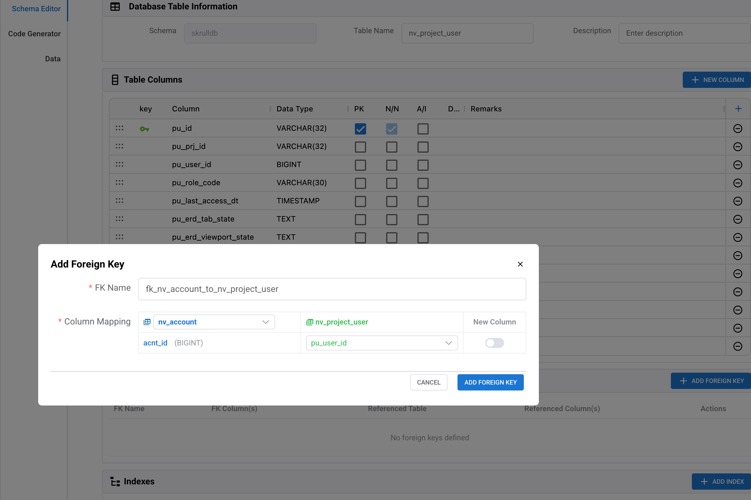 NeoSQL table detail management with inline column editing and constraint management